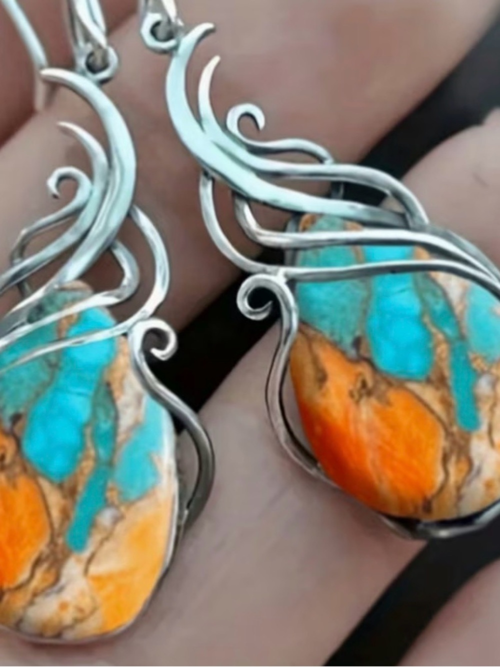 Handcrafted Turquoise & Orange Stone Drop Boho Earrings